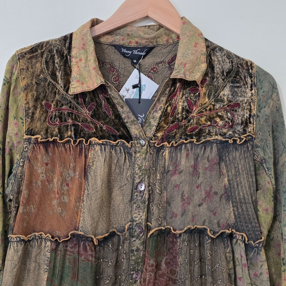 Young Threads Whimsigoth Embroidered Patchwork Shirt Dress Sz M Velvet Grunge - Picture 2 of 16